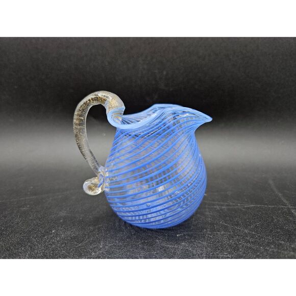 Vintage Murano Glass Miniature Pitcher Blue Swirl Stripes with Gold Fleck Handle